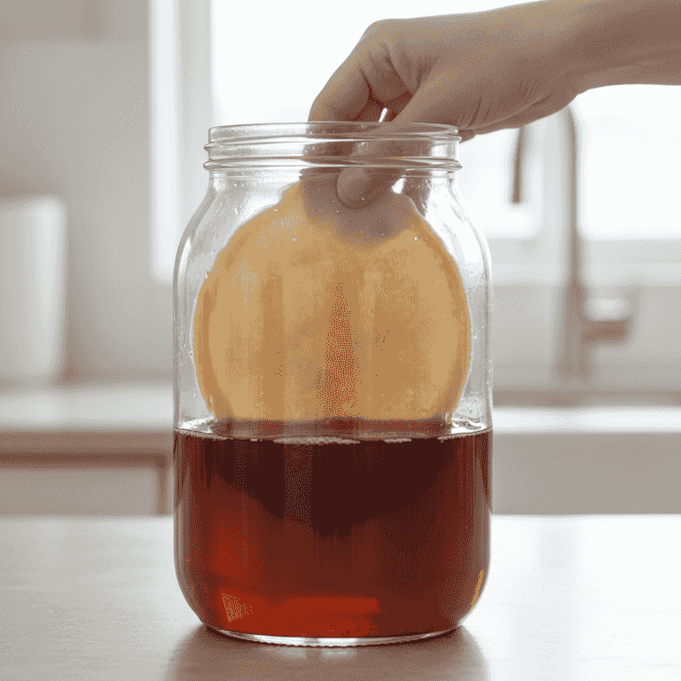 Add the SCOBY and starter liquid